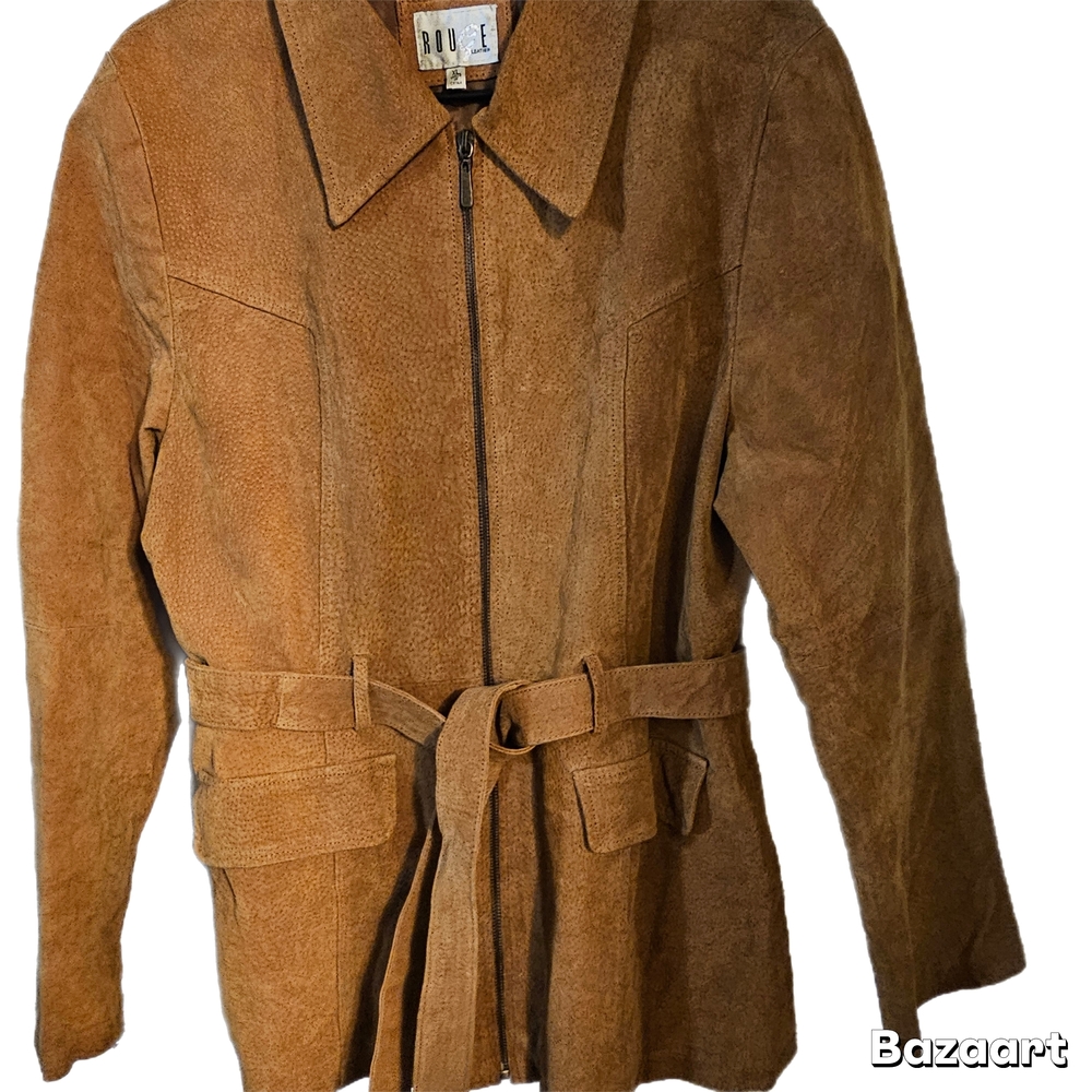 Caramel Brown Suede Vintage Trench Coat with Belt and Zipper